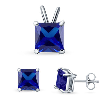 Princess Cut Jewelry Set Pendant Earring Simulated Blue Sapphire Cubic Zirconia 925 Sterling Silver